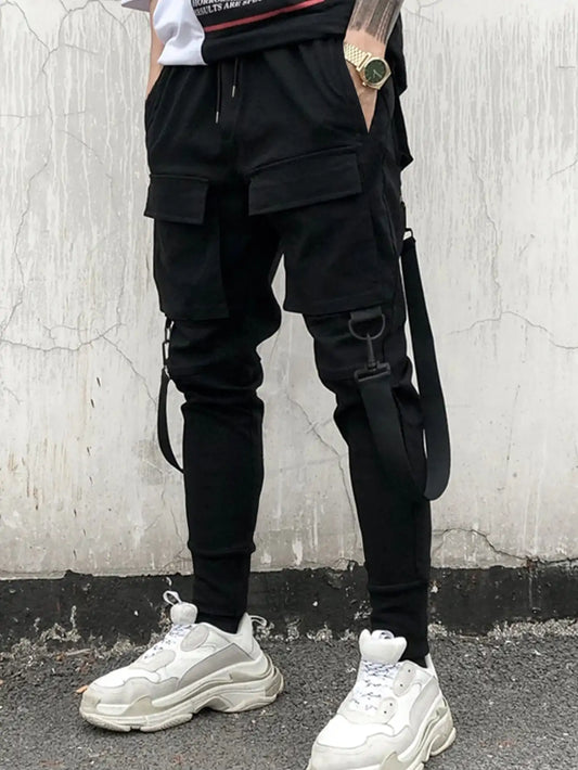 Men's Drawstring Trendy Flap Pockets Cargo Pants