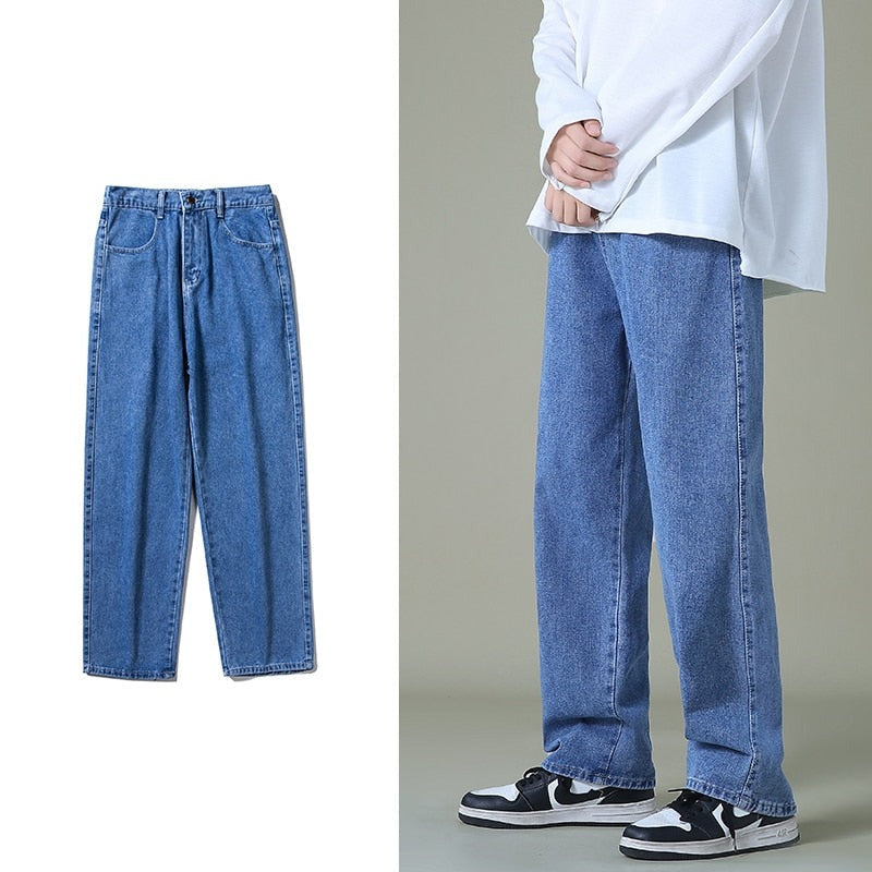 Streetwear Men's Blue Wide Leg Jeans New Autumn Korean Style Fashion Straight Baggy Denim Pants Student Teen Trousers