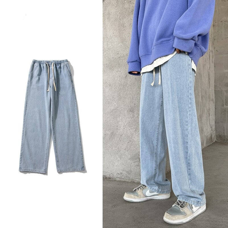 Spring New Streetwear Baggy Jeans Men Korean Fashion Elastic Waist Loose Straight-leg Denim Wide-leg Pants Male Black