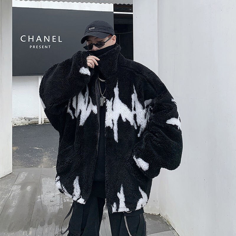 Winter New Lamb Wool Jacket Harajuku Fashion Casual Oversize Pattern Male Thicken Warm Parkas Hip Hop Loose Coat