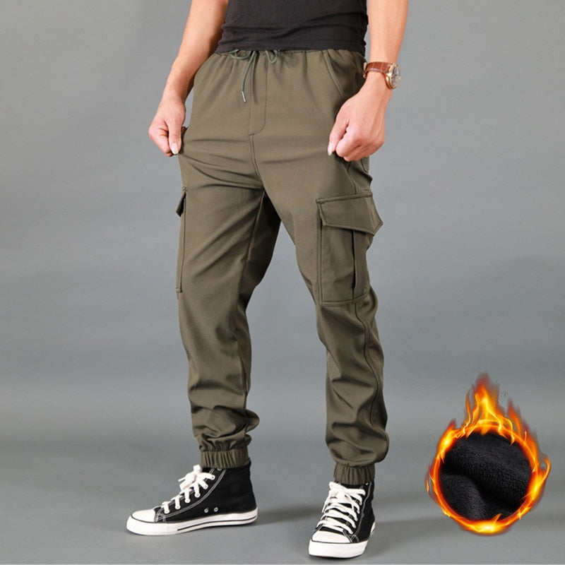 Winter Men Pants Thick Fleece Joggers Multi Pocket Loose Sport Trousers Male Casual Warm Sweatpants Cargo Pants M-6XL