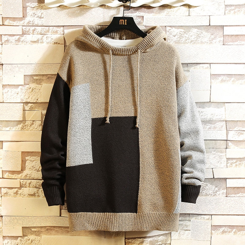 New Knitted Hooded Pullovers Men Patchwork Casual Sweater Mens Streetwear Fashion Hooded Sweaters Men Pullovers Plus Size M-5XL