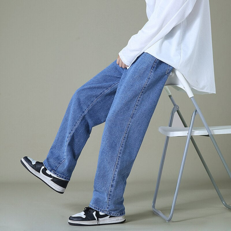 Autumn New Men's Black Denim Wide-leg Pants Streetwear Straight Loose Elastic Waist Jeans Korean Style Trousers Male