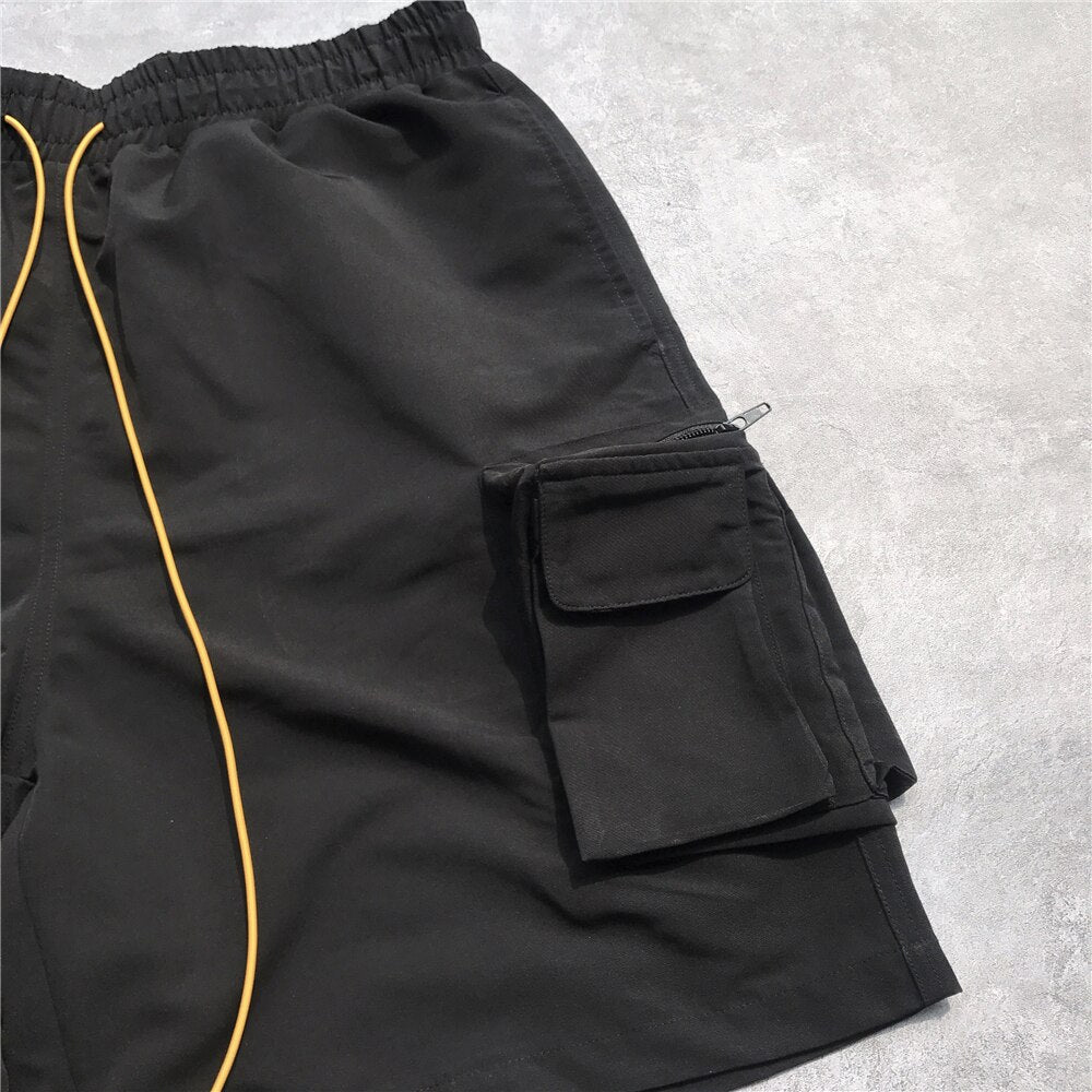 Summer Black Military Cargo Jogger Men Loose Fit Drawstring Sweat Short Streetwear Nine-Pocket Styling