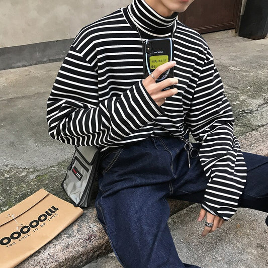 Spring Autumn Turtleneck Striped T-shirts Men Slim Fit Casual All-match Undershirts Long Sleeve Tops Couples Korean Fashion Tees