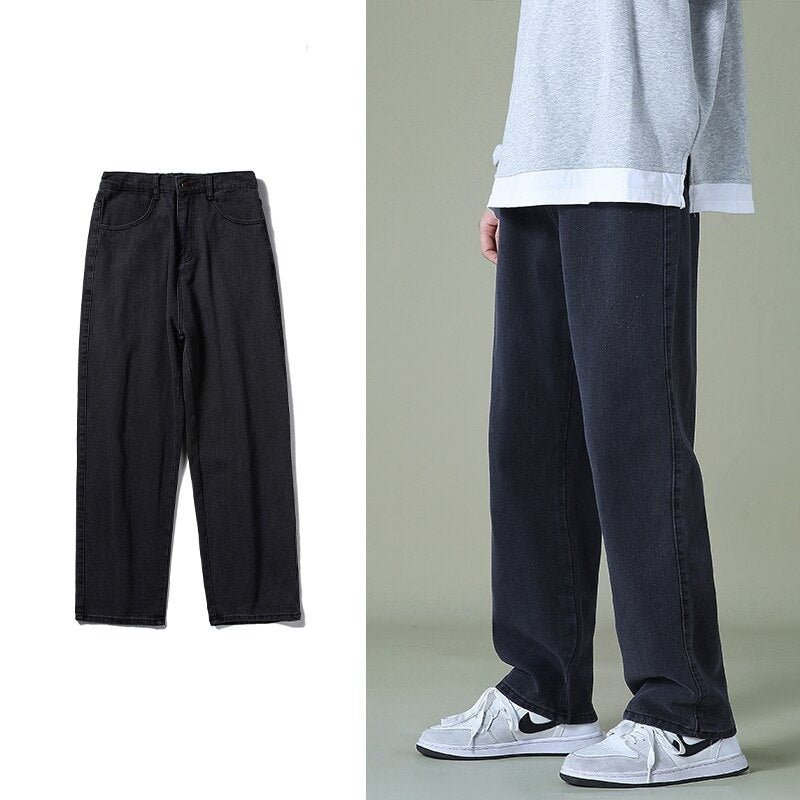 Autumn New Men's Black Denim Wide-leg Pants Streetwear Straight Loose Elastic Waist Jeans Korean Style Trousers Male