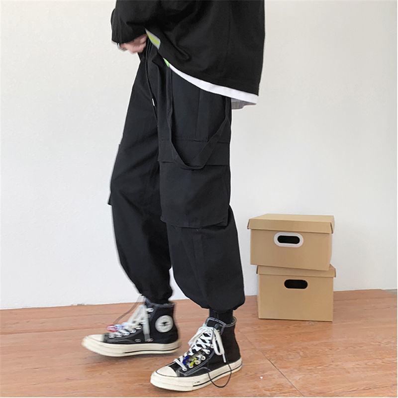 Cargo Pants Men Korean Trendy Loose Maxi Black Overalls Safari Style Elastic Waist Pants With Pocket