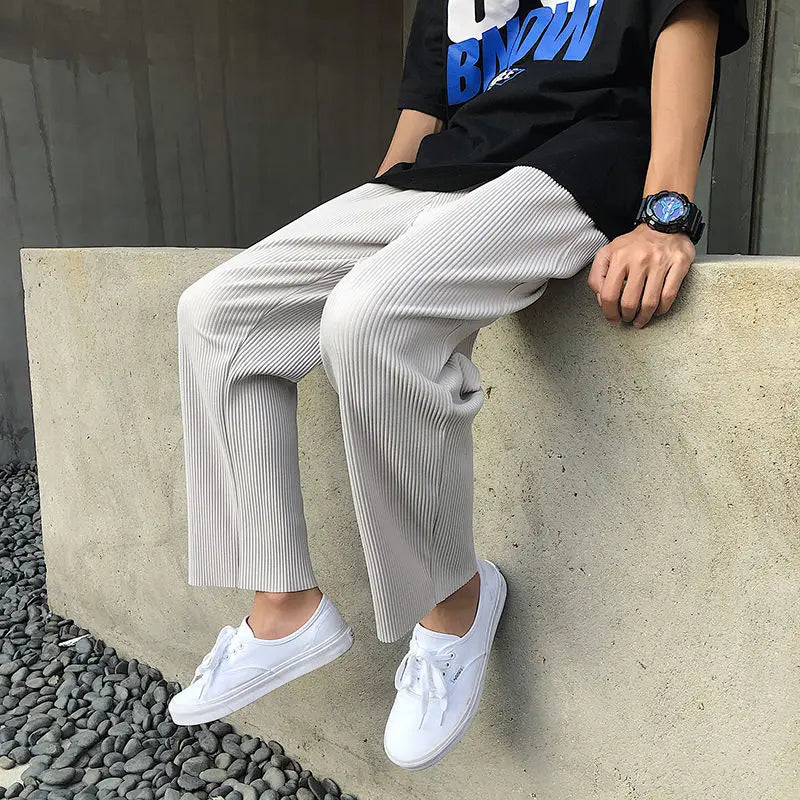 Foruwish - Pleated Straight Pants Men Oversized Casual Pants Men Japanese Streetwear Loose Ice Silk Pants Mens Wide Leg Trousers S-2XL