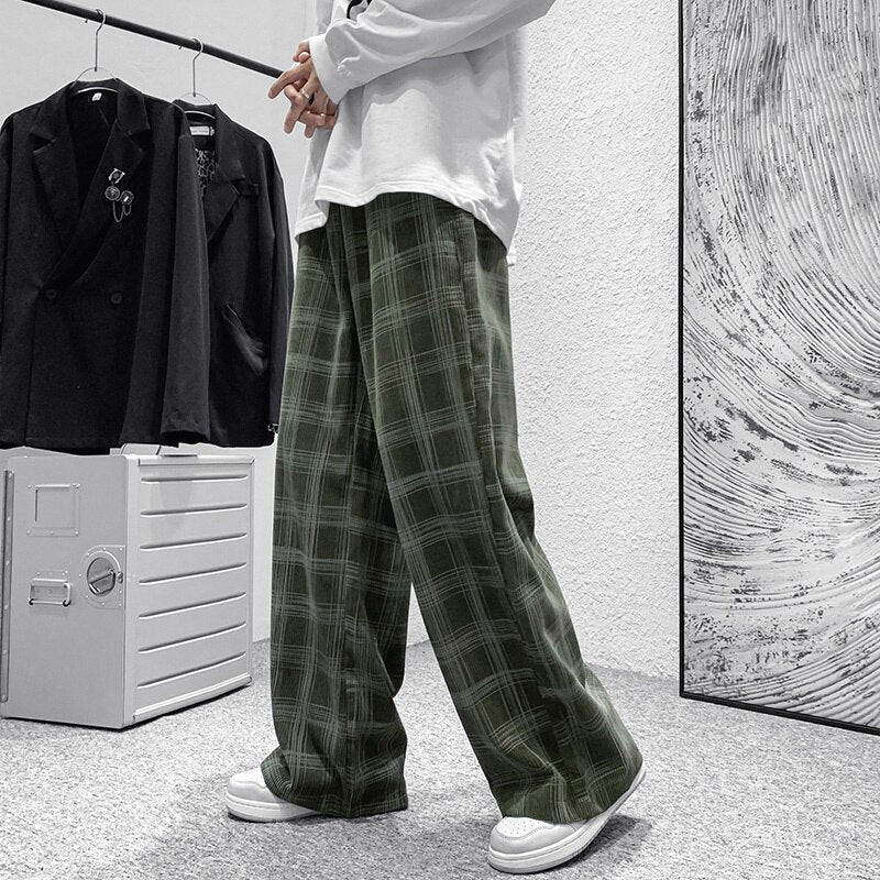 mens joggers pants men's spring and autumn chic Hong Kong style green plaid pants straight tube loose Vintage pants