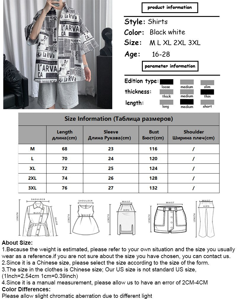 Newspaper Print Shirt Men's Japanese Loose Half Sleeve Blouses Summer Casual Stand Collar Tops For Teen Boys