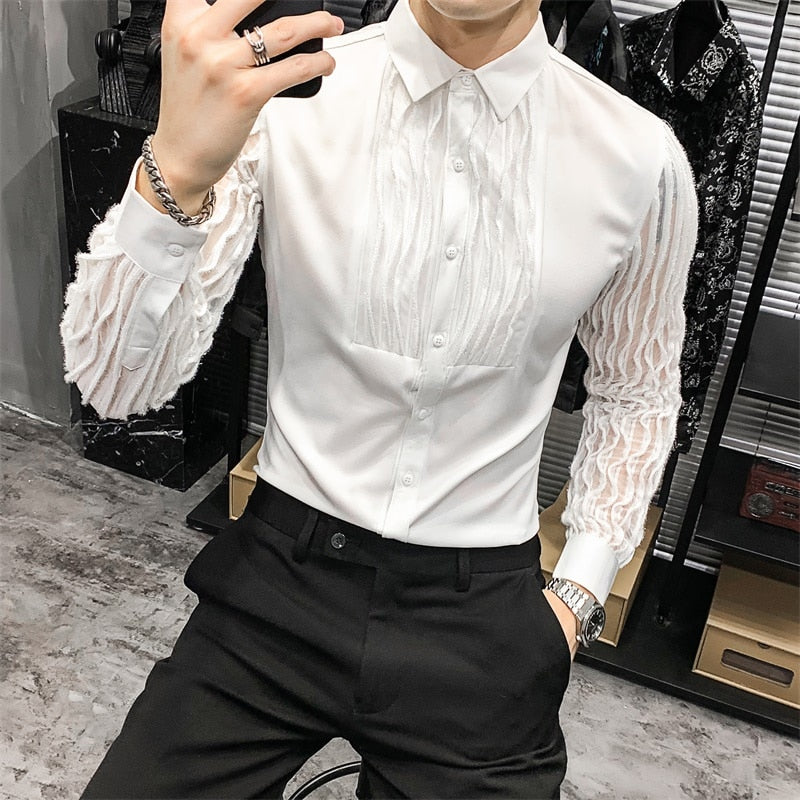 Sexy Transparent Stripe Shirt Men 2023 Harajuku Fashion White Button Down Korean Long Sleeve Casual Dress Shirt Singer Costume