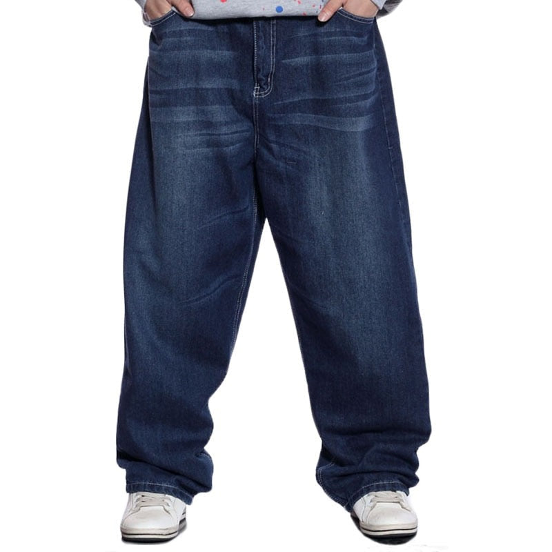 Men Wide Leg Blue Jeans Hip Hop Streetwear Plus Size Bleached Baggy Fit Skateboarder Denim Pants