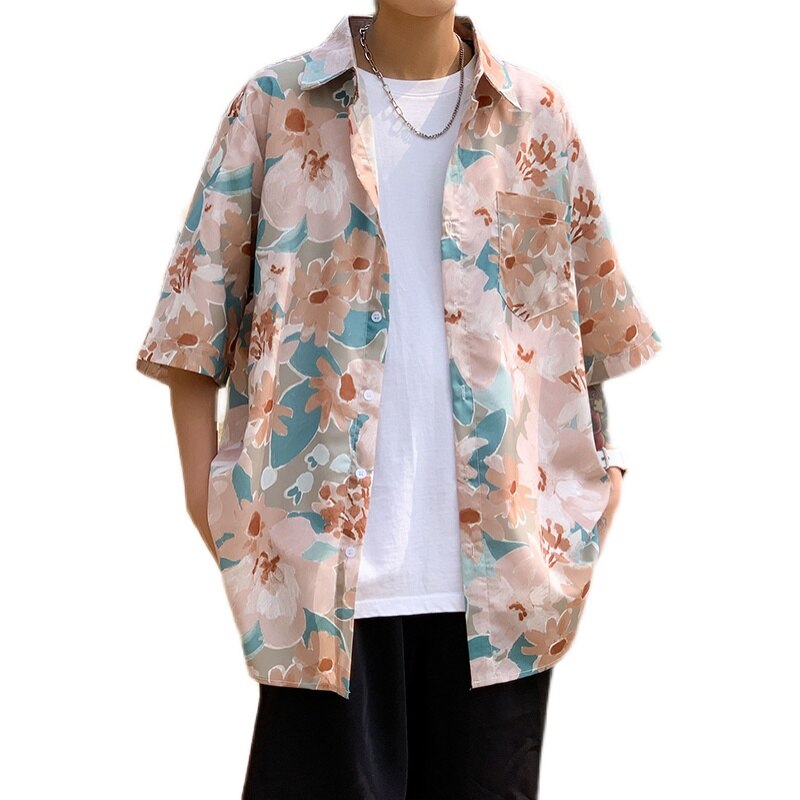 brand shirt men's couple's Hawaiian Flower short sleeve coat fashion Korean summer quarter sleeve harajuku shirts for men