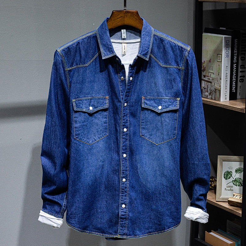 Japanese Korean Trend Long-sleeved Retro Denim Shirt Men's Fashion Casual All-match Jean Shirt Jacket Male High-end Brand Tops