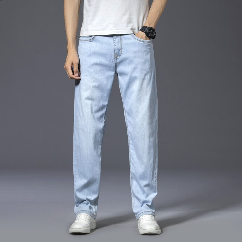 Summer New Business Casual Light Blue Jeans Comfortable and Soft High-quality Cotton Stretch Men's Straight Brand Trousers