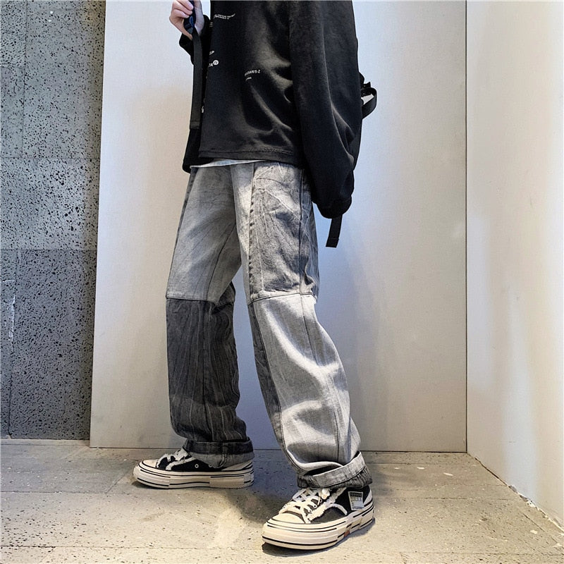 Korean Style Fashion Men's Denim Wide-leg Pants 2023 New Autumn Loose Straight-leg Jeans Paneled Denim Trousers Male