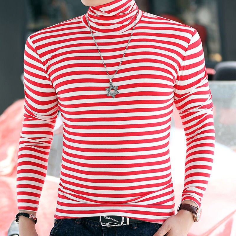 Autumn Winter Pure Cotton Long Sleeve T Shirt Men Striped Turtleneck Tops Tees Big Size Male Slim Fit T Shirt Homme F291