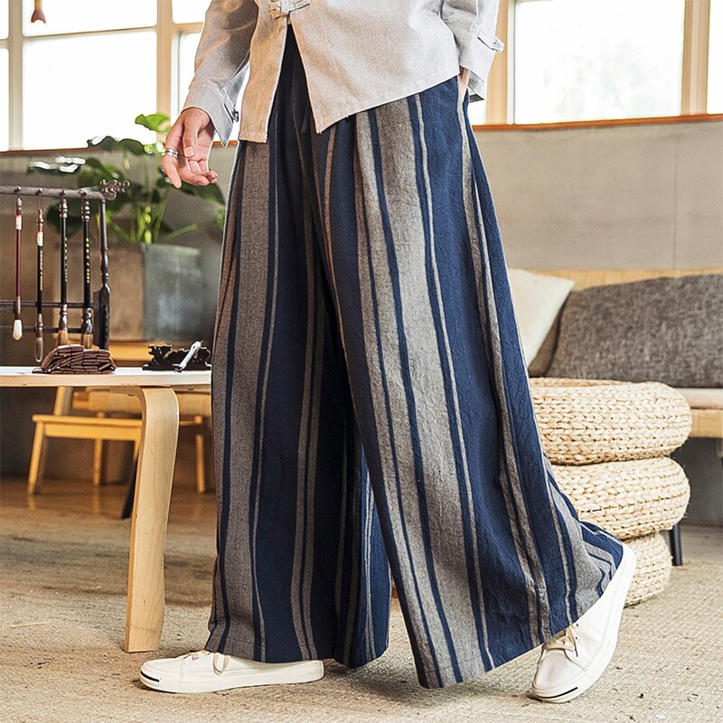 Streetwear Men’s Wied Leg Pants 2023 Striped Man Casual Loose Cotton Linen Trousers Male High Quality Jogger Sweatpants 3XL