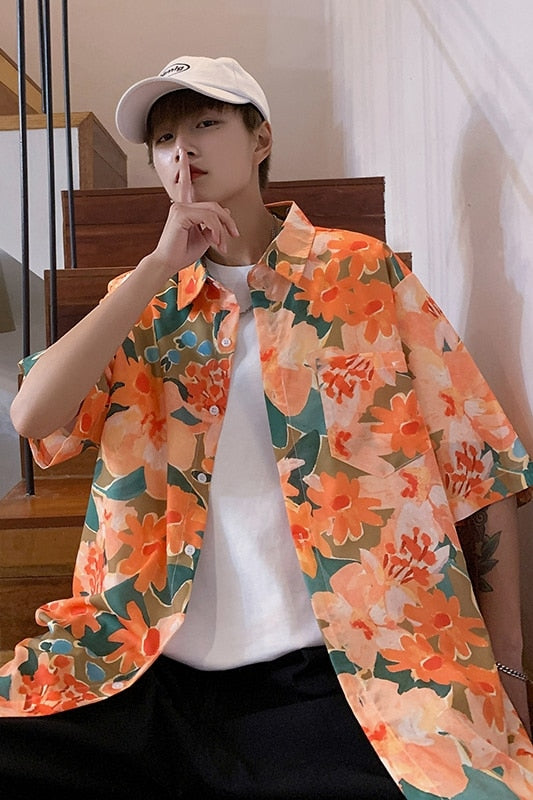 brand shirt men's couple's Hawaiian Flower short sleeve coat fashion Korean summer quarter sleeve harajuku shirts for men