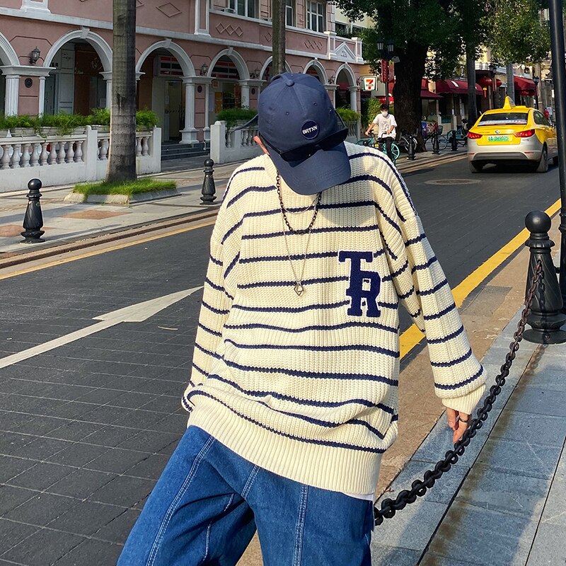 Letter Embroidery Striped Round Neck Knitted Sweater Men's Pullover Korean High Street Casual Oversize Couple Sweaters