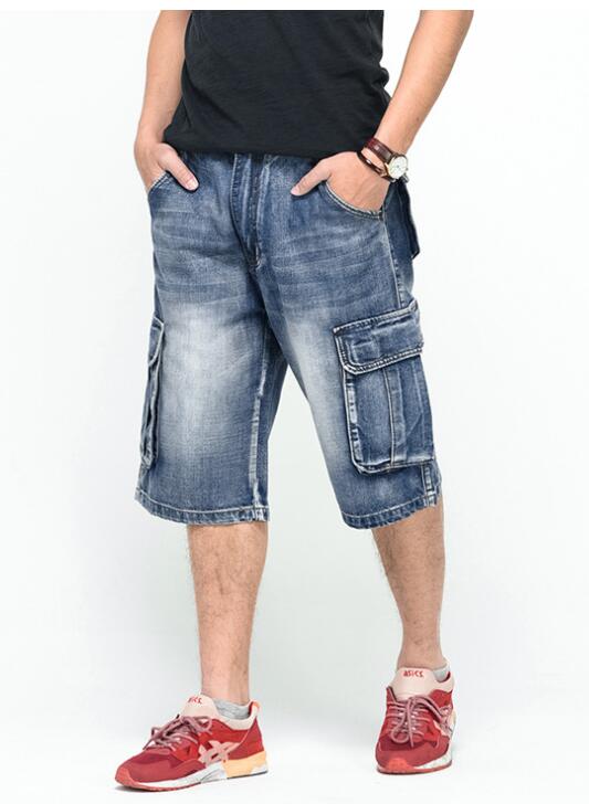 Men Loose Baggy Jeans Shorts Men Jeans Streetwear Long 3/4 Capri Cargo Shorts Pocket Bermuda Male Multi-Pocket Denim Shorts