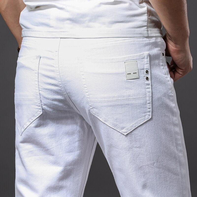 Spring New Men's Stretch White Jeans  Classic Style Slim Fit Soft Trousers Male Brand Business Casual Pants