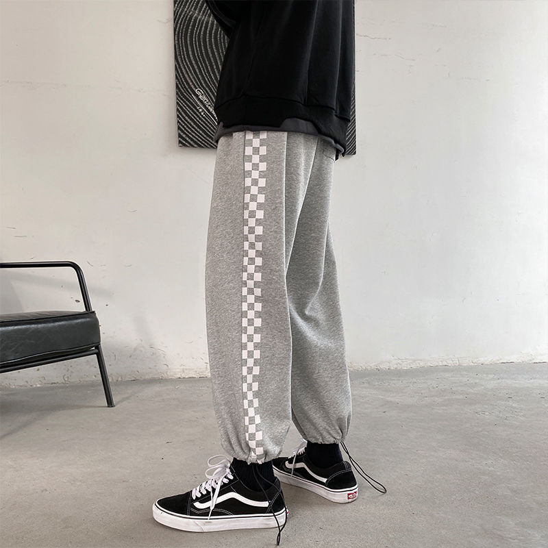 New Plaid Casual Sweatpants Men Spring Autumn High Waist Elastic Loose Trousers Men Korean Drawstring Wide Leg Pants