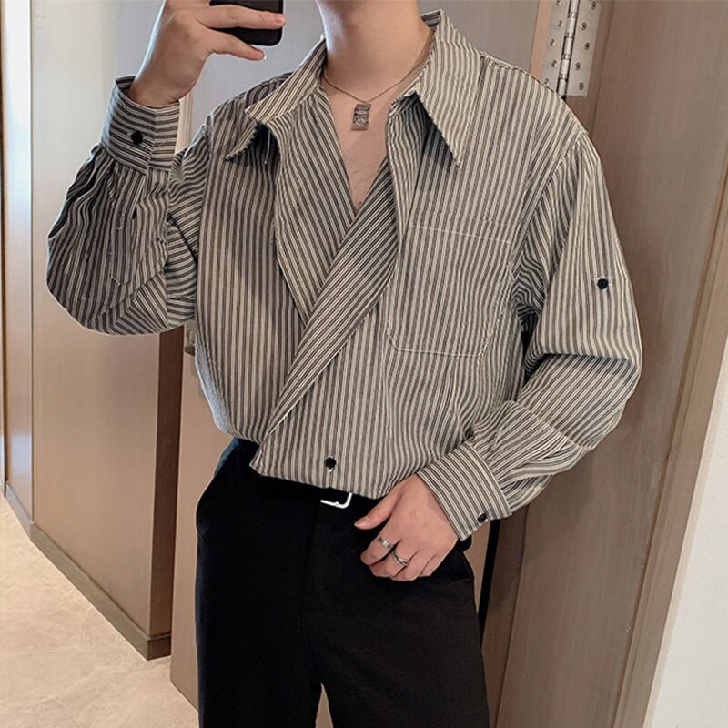 Korean Fashion Chic Striped Tops Men's New Loose Lapel Single Button Long Sleeve Casual Shirts Tide Autumn 2023