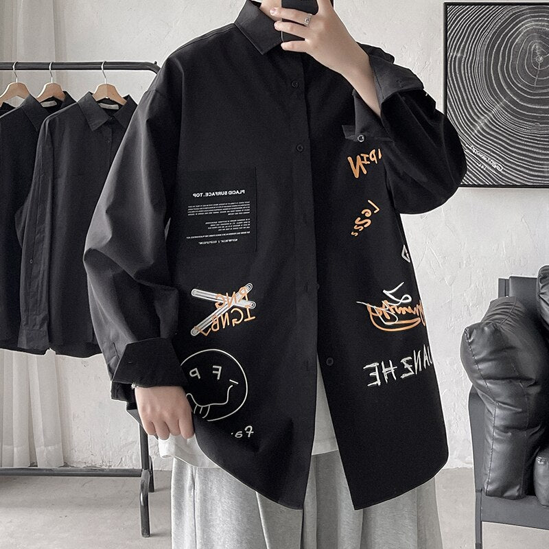 Spring Autumn Men's Shirt Long Sleeve Graffiti Oversized Shirts Men Korean Style Fashion Harajuku Men's Clothing Streetwear