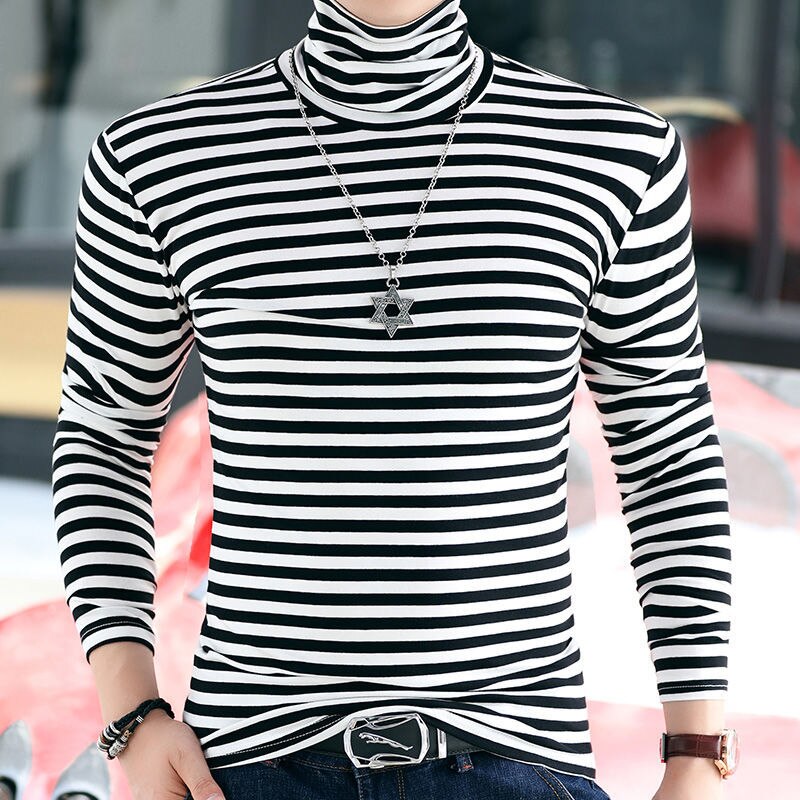 Autumn Winter Pure Cotton Long Sleeve T Shirt Men Striped Turtleneck Tops Tees Big Size Male Slim Fit T Shirt Homme F291