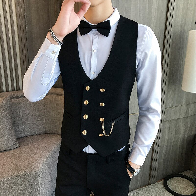 Dress vest men wedding suit vests double-breasted fashion classic wait coat for men business casual barber work vest male