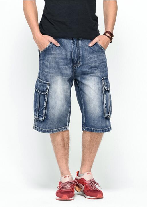 Men Loose Baggy Jeans Shorts Men Jeans Streetwear Long 3/4 Capri Cargo Shorts Pocket Bermuda Male Multi-Pocket Denim Shorts