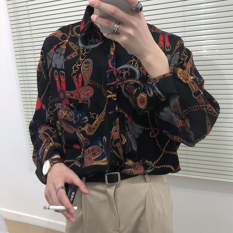 2023 New Beach Hawaiian Shirt for Men Long Sleeve Casual Loose Harajuku Floral Print Blouse Button Up Mens Shirts Streetwear