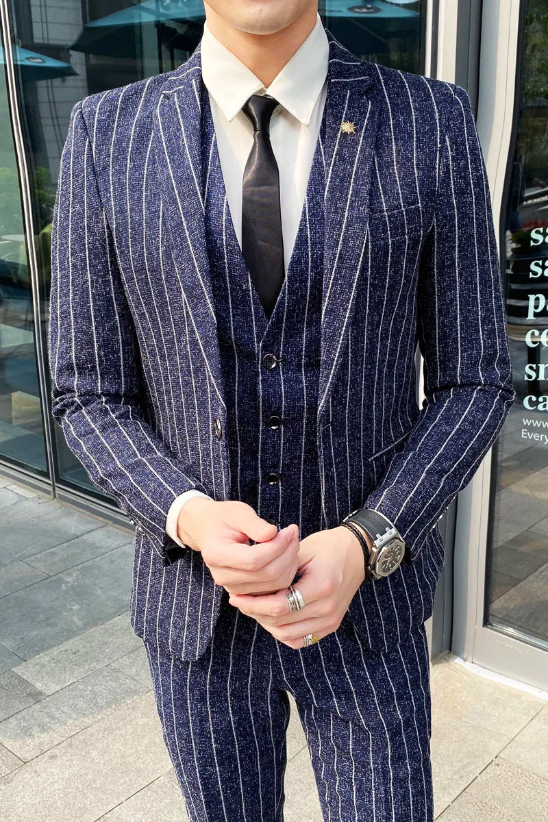 Striped men's suit 3-Pieces Blazers+Pant Fashion Korean Slim Fit Casual men's tuxedo wedding men suits groom suit men's business