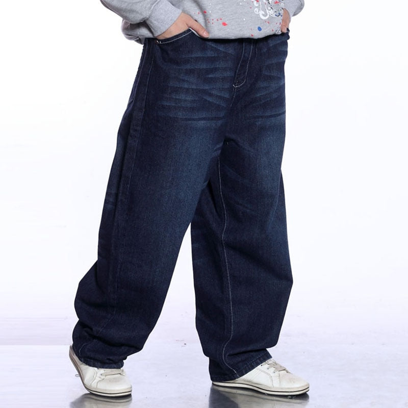 Men Wide Leg Blue Jeans Hip Hop Streetwear Plus Size Bleached Baggy Fit Skateboarder Denim Pants