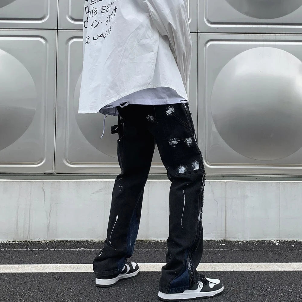 High Street Pants American Street Skateboard Washed Splash Jeans Men's Floor Pants Streetwear Hiphop Panic Buying Denim Men