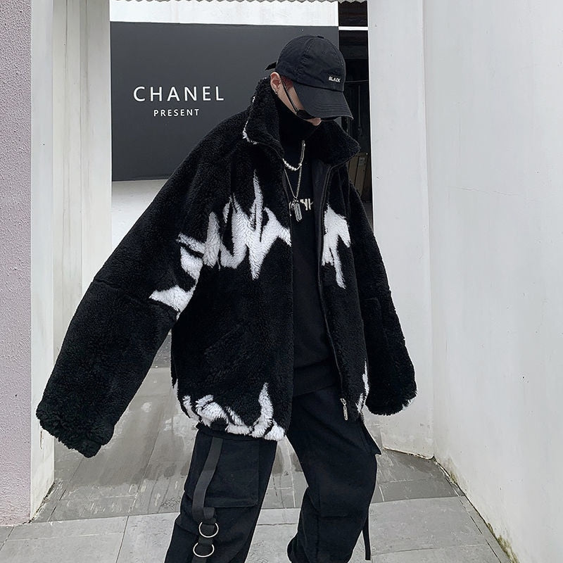 Winter New Lamb Wool Jacket Harajuku Fashion Casual Oversize Pattern Male Thicken Warm Parkas Hip Hop Loose Coat