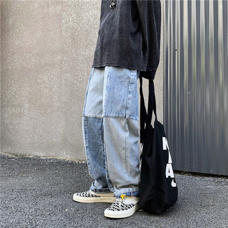 Korean Style Fashion Men's Denim Wide-leg Pants 2023 New Autumn Loose Straight-leg Jeans Paneled Denim Trousers Male