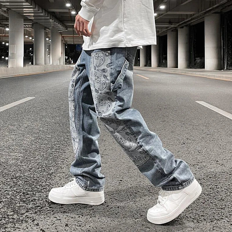 FORUWISH  -  Hip Hop Washed Blue Patchwork Cashew Flower Casual Men's Jeans Trousers Straight Retro High Street Oversized Baggy Denim Pants