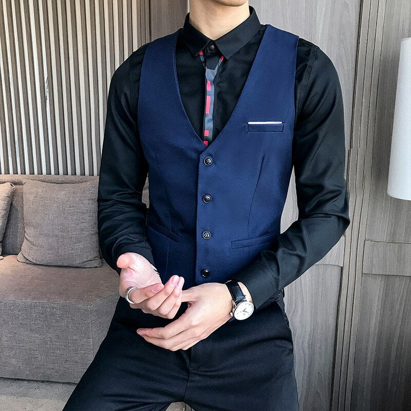 men's suit vest blue classic solid man dress vest korean slim fit business casual waist coat for men work men vests