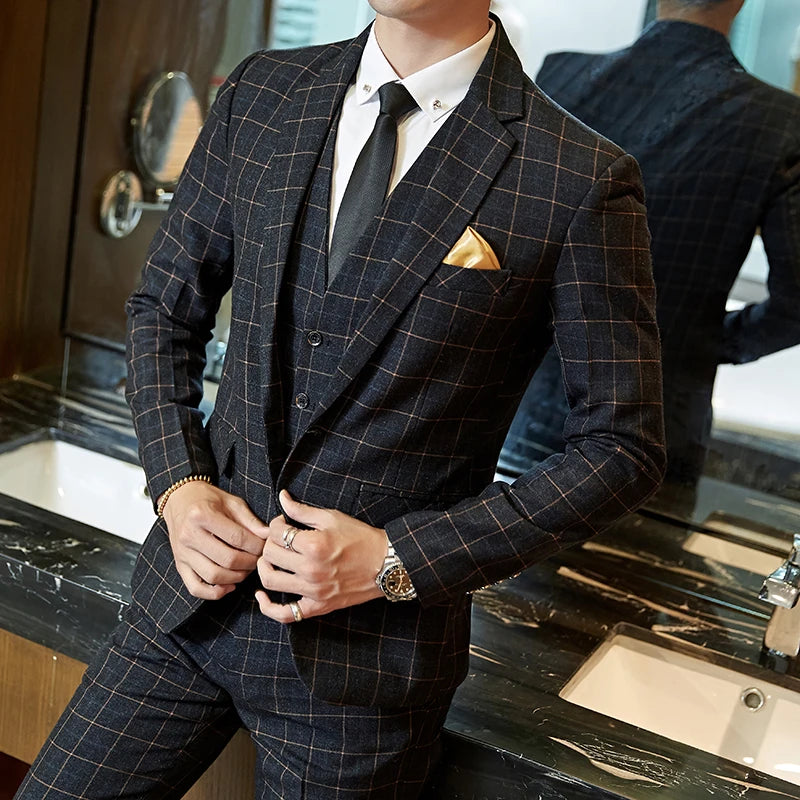 Wedding suit men Slim Fit Plaid Suit 3pc set Male Groom Blazers Pants Man Formal Business Work Wear Dress Suits Asian size