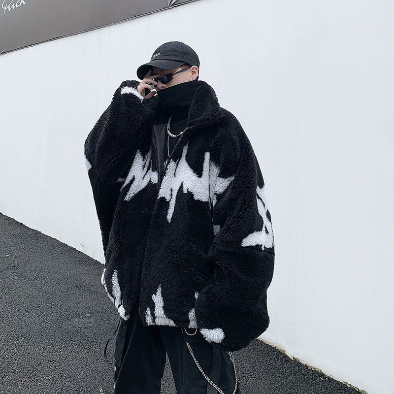 Winter New Lamb Wool Jacket Harajuku Fashion Casual Oversize Pattern Male Thicken Warm Parkas Hip Hop Loose Coat