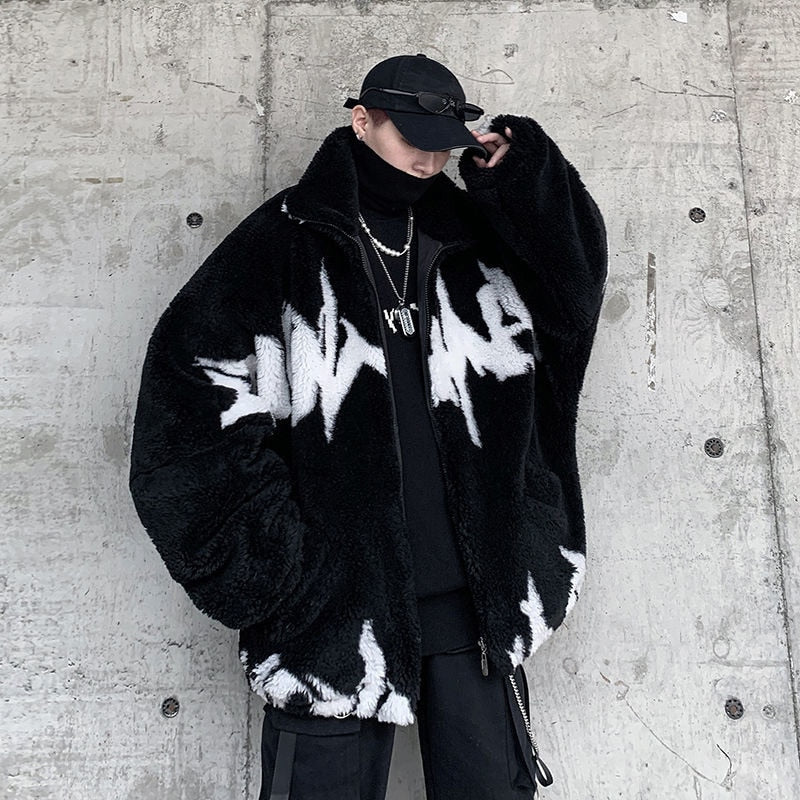 Winter New Lamb Wool Jacket Harajuku Fashion Casual Oversize Pattern Male Thicken Warm Parkas Hip Hop Loose Coat