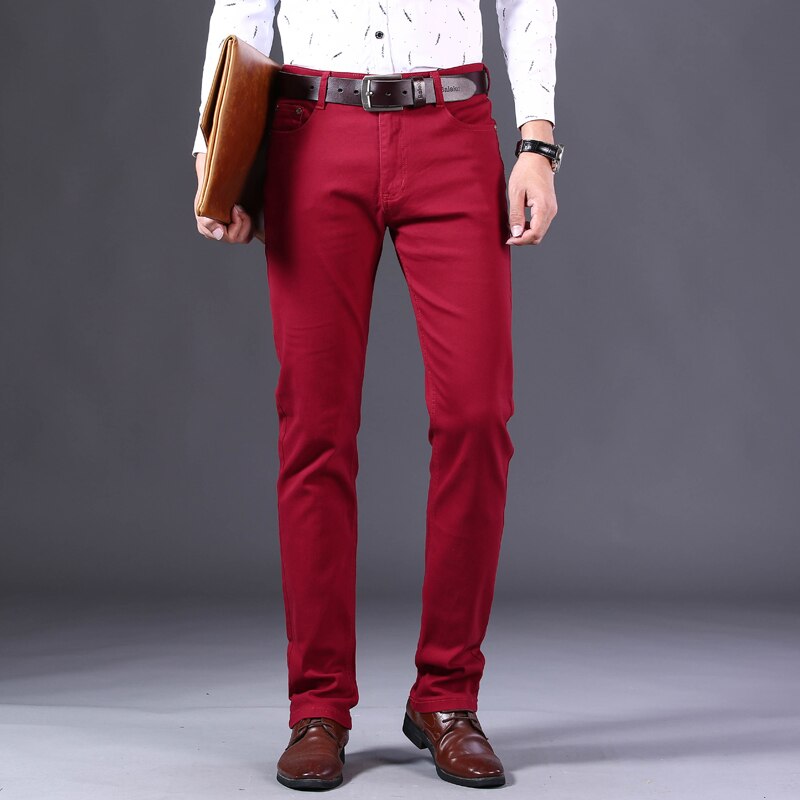 Spring and summer men's wine red jeans fashion casual boutique business casual straight denim stretch trousers men's brand pants