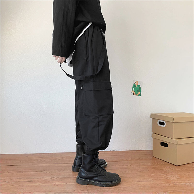 Cargo Pants Men Korean Trendy Loose Maxi Black Overalls Safari Style Elastic Waist Pants With Pocket