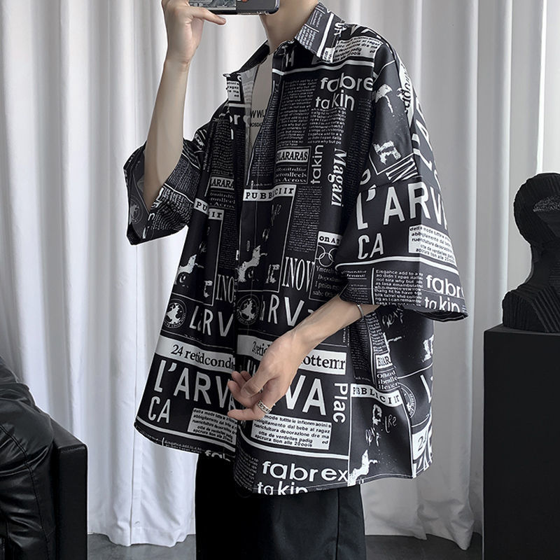 Newspaper Print Shirt Men's Japanese Loose Half Sleeve Blouses Summer Casual Stand Collar Tops For Teen Boys