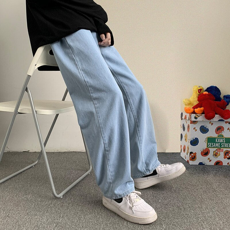 Men's Hip Hop Loose Jeans Autumn New Streetwear Straight Baggy Wide Leg Pants Male Brand Trousers Light Blue