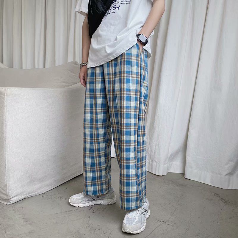 New Japanese Loose Cropped Pants Harajuke Plaid Casual Pants Autumn Korean Elastic Waist Wide Leg Pant