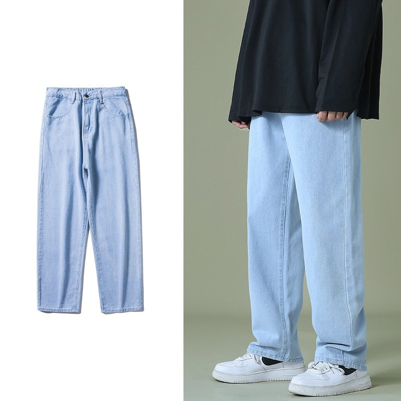 Streetwear Men's Blue Wide Leg Jeans New Autumn Korean Style Fashion Straight Baggy Denim Pants Student Teen Trousers