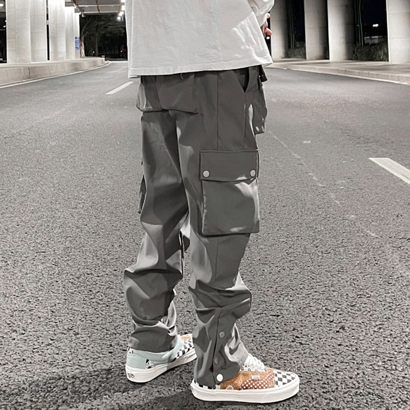 Multi-pocket Casual Trousers for Men and Women Side Breasted Drawstring Cargo Pants Harajuku Solid Loose Pants